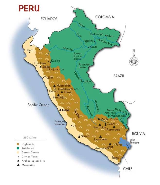 Map of Peru Geographic Features. Provided by: 
https://www.southwindadventures.com/destinations/travel-to-peru/peru-map/ 